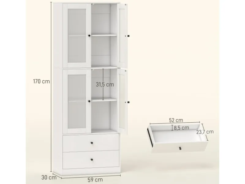 Online HOMCOM Küchenschrank Spanplatte Glas 59L x 30B x 170H cm Weiß