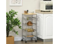 HOMCOM Küchenregale<Küchenwagen 4 Ebenen Küchenregal Stahl MDF Silber L36,5 x B36,5 x H89 cm