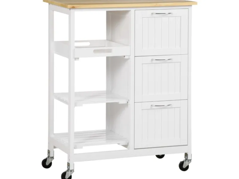 HOMCOM Küchenwagen mit 3 Schubladen & 3 Ebenen Arbeitsplatte Weiß 67 x 37 x 85 cm< Servierwagen