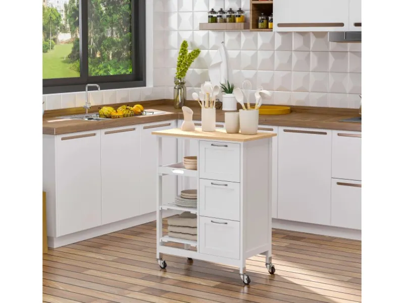 HOMCOM Küchenwagen mit 3 Schubladen & 3 Ebenen Arbeitsplatte Weiß 67 x 37 x 85 cm< Servierwagen