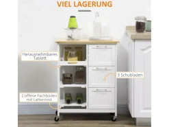 HOMCOM Küchenwagen mit 3 Schubladen & 3 Ebenen Arbeitsplatte Weiß 67 x 37 x 85 cm< Servierwagen