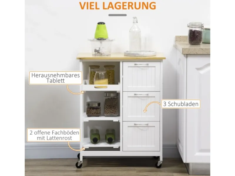 HOMCOM Küchenwagen mit 3 Schubladen & 3 Ebenen Arbeitsplatte Weiß 67 x 37 x 85 cm< Servierwagen