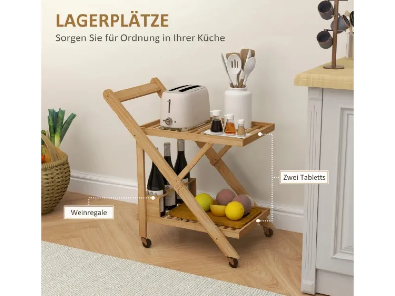HOMCOM Küchenwagen mit Arbeitsplatte Bambus Naturholz 66L x 40B x 70H cm< Schneidebretter