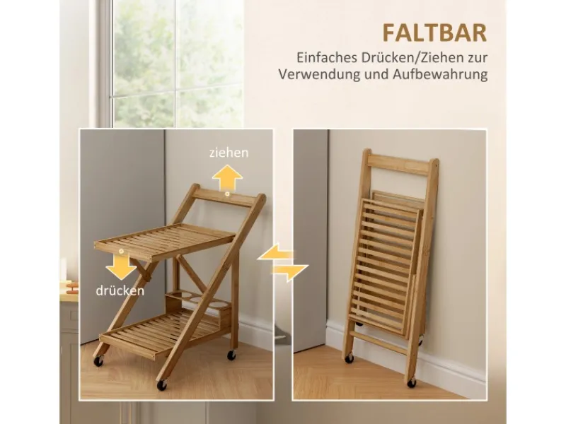 HOMCOM Küchenwagen mit Arbeitsplatte Bambus Naturholz 66L x 40B x 70H cm< Schneidebretter