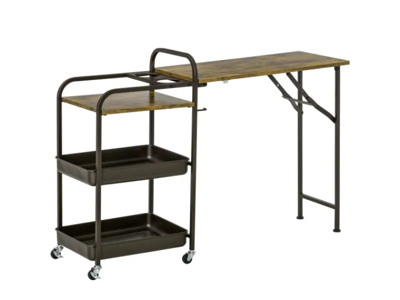 HOMCOM Servierwagen<Küchenwagen mit Klappbarer Tischplatte Rustikal-Braun 118 x 36,5 x 82cm