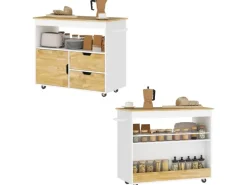 Discount HOMCOM Küchenwagen Spanplatte Gummiholz Eiche 107L x 50B x 85H cm