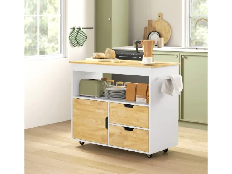 Discount HOMCOM Küchenwagen Spanplatte Gummiholz Eiche 107L x 50B x 85H cm