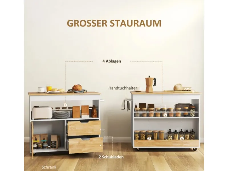 Discount HOMCOM Küchenwagen Spanplatte Gummiholz Eiche 107L x 50B x 85H cm