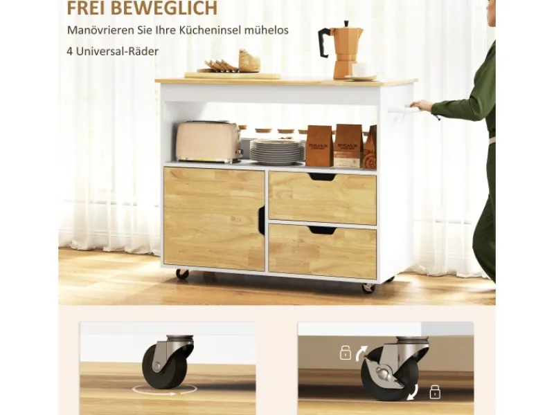 Discount HOMCOM Küchenwagen Spanplatte Gummiholz Eiche 107L x 50B x 85H cm