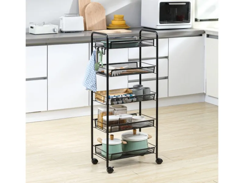 HOMCOM Servierwagen<Servierwagen mit Haken Stahl Schwarz 45L x 26,5B x 106H cm