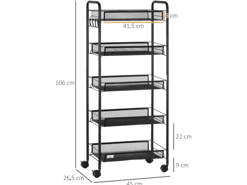 HOMCOM Servierwagen<Servierwagen mit Haken Stahl Schwarz 45L x 26,5B x 106H cm