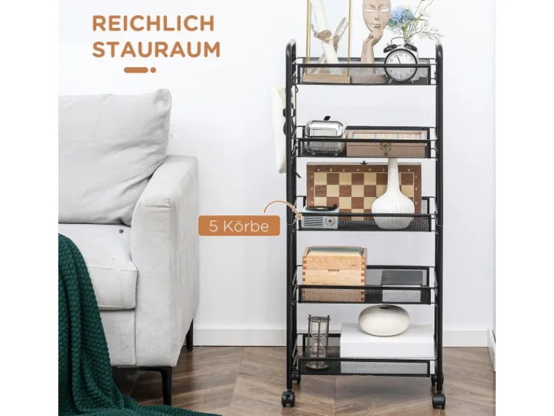 HOMCOM Servierwagen<Servierwagen mit Haken Stahl Schwarz 45L x 26,5B x 106H cm