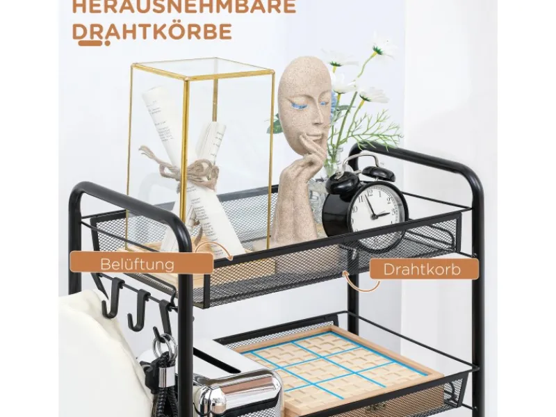 HOMCOM Servierwagen<Servierwagen mit Haken Stahl Schwarz 45L x 26,5B x 106H cm