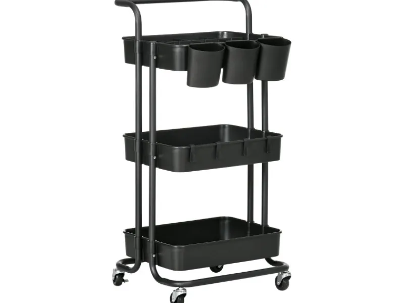 HOMCOM Servierwagen<Servierwagen mit Haken Stahl ABS Schwarz 42L x 38B x 86,5H cm