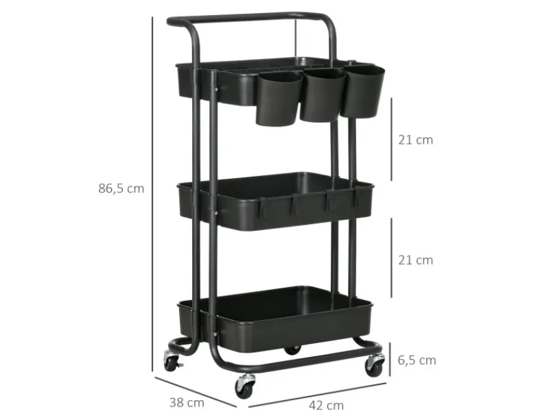 HOMCOM Servierwagen<Servierwagen mit Haken Stahl ABS Schwarz 42L x 38B x 86,5H cm