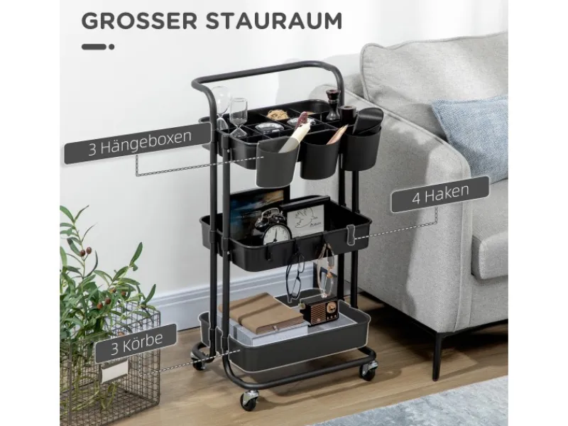 HOMCOM Servierwagen<Servierwagen mit Haken Stahl ABS Schwarz 42L x 38B x 86,5H cm