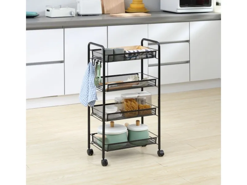 HOMCOM Servierwagen mit Haken Stahl Schwarz 45L x 26,5B x 84H cm< Servierwagen|Küchenregale