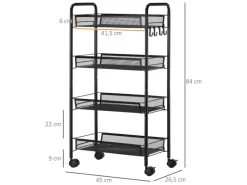 HOMCOM Servierwagen mit Haken Stahl Schwarz 45L x 26,5B x 84H cm< Servierwagen|Küchenregale