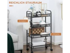 HOMCOM Servierwagen mit Haken Stahl Schwarz 45L x 26,5B x 84H cm< Servierwagen|Küchenregale