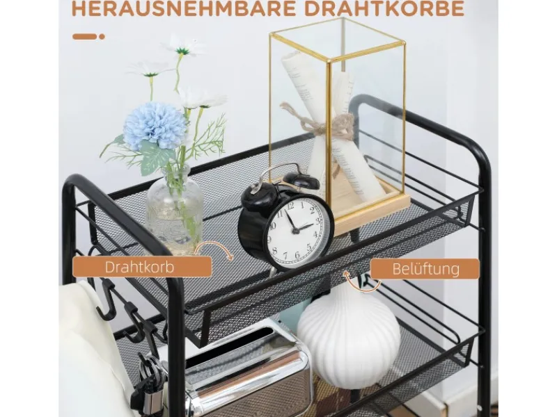 HOMCOM Servierwagen mit Haken Stahl Schwarz 45L x 26,5B x 84H cm< Servierwagen|Küchenregale