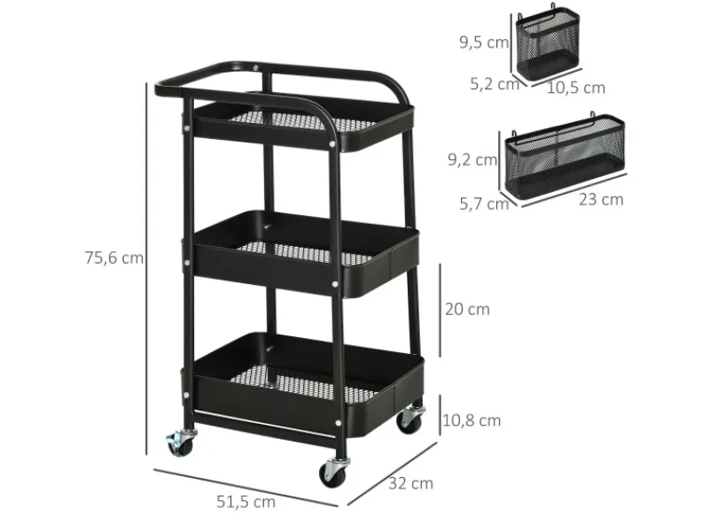 HOMCOM Servierwagen Stahl Kunststoff 51,5L x 32B x 75,6H cm Schwarz< Servierwagen