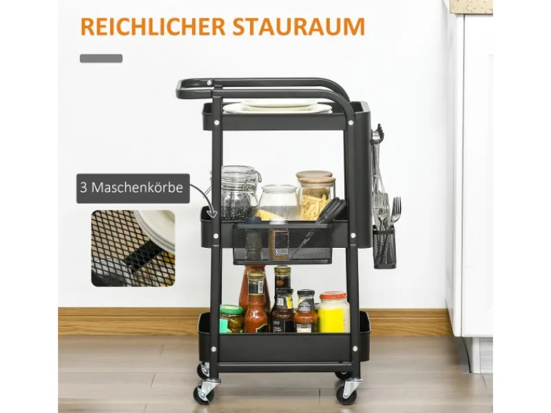 HOMCOM Servierwagen Stahl Kunststoff 51,5L x 32B x 75,6H cm Schwarz< Servierwagen