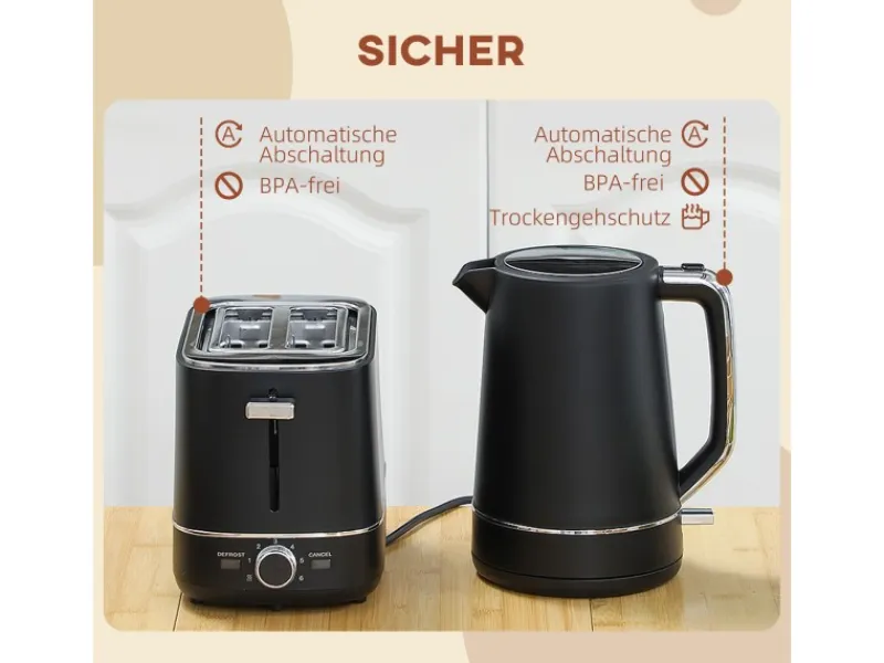HOMCOM Kaffeemaschinen|Haushaltsgeräte<Wasserkocher Toaster Set Kunststoff Schwarz 21,2L x 16B x 24,3H cm