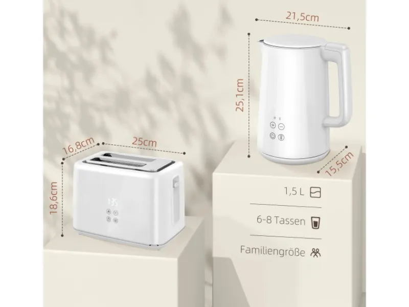 HOMCOM Haushaltsgeräte<Wasserkocher-Toaster-Set Kunststoff Edelstahl 21,5L x 15,5B x 25,1H cm