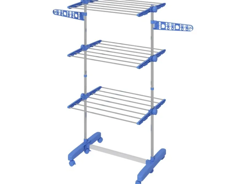 New HOMCOM Wäschetrockner mit Rollen Seitenflügel Stahl Blau 80/142 x 55 x 152 cm