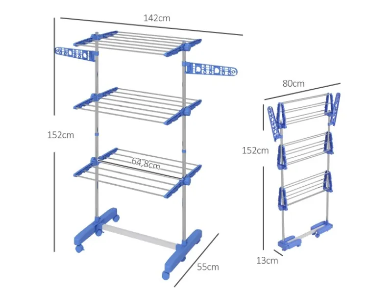 New HOMCOM Wäschetrockner mit Rollen Seitenflügel Stahl Blau 80/142 x 55 x 152 cm