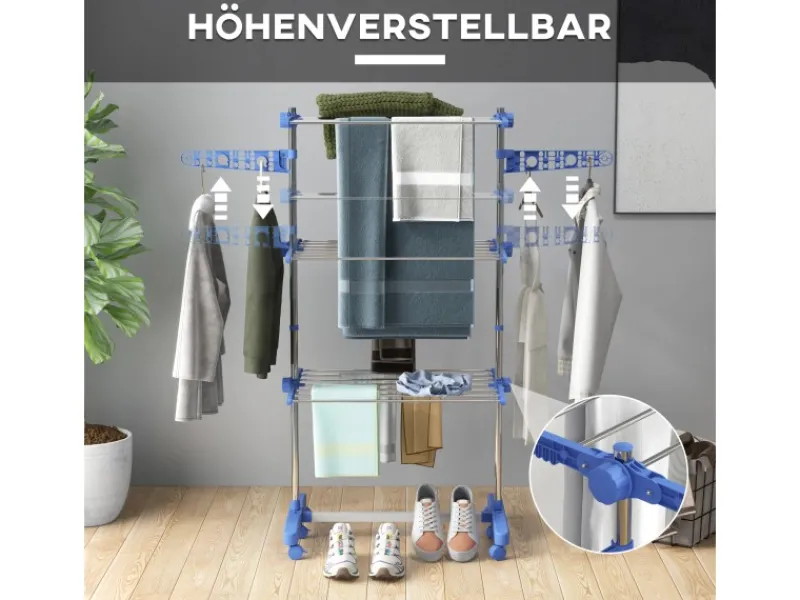 New HOMCOM Wäschetrockner mit Rollen Seitenflügel Stahl Blau 80/142 x 55 x 152 cm