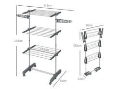 HOMCOM Wäschetrockner mit Rollen 3 Ebenen Klappbar Stahl Grau 142 x 55 x 152 cm< Wäschetrockner