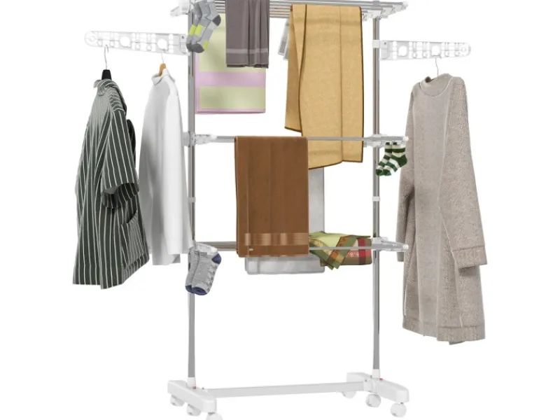 HOMCOM Wäschetrockner mit Rollen 3 Ebenen Klappbar Stahl Weiß 80/142 x 55 x152cm< Wäschetrockner