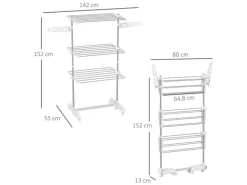HOMCOM Wäschetrockner mit Rollen 3 Ebenen Klappbar Stahl Weiß 80/142 x 55 x152cm< Wäschetrockner