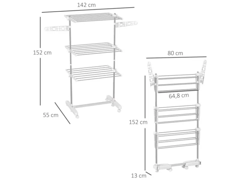 HOMCOM Wäschetrockner mit Rollen 3 Ebenen Klappbar Stahl Weiß 80/142 x 55 x152cm< Wäschetrockner