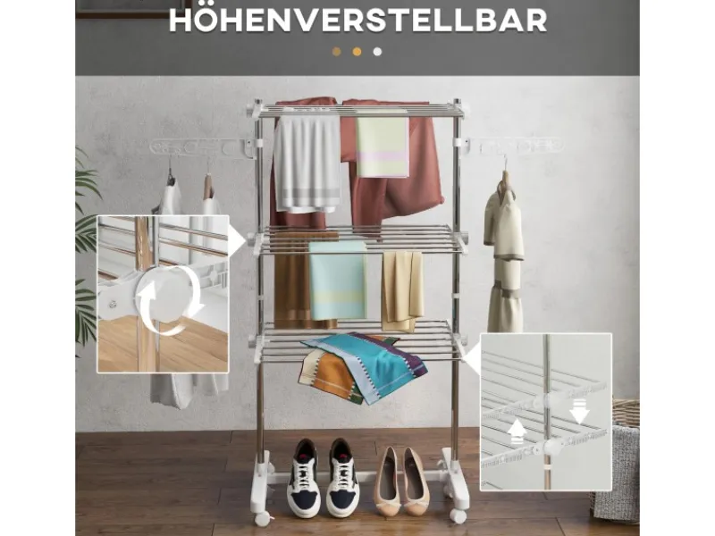 HOMCOM Wäschetrockner mit Rollen 3 Ebenen Klappbar Stahl Weiß 80/142 x 55 x152cm< Wäschetrockner