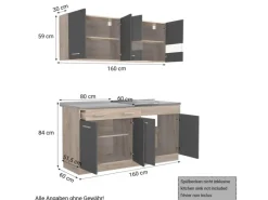 Online Homestyle4u Küchenzeile 160 cm Eiche Grau