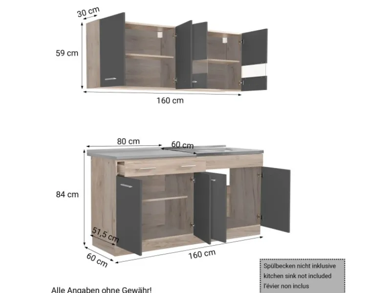 Online Homestyle4u Küchenzeile 160 cm Eiche Grau