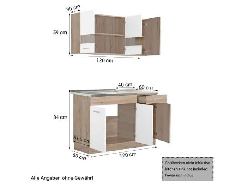 Homestyle4u Küchenzeile ohne Geräte 120x206,5x60 cm in Eiche Braun 2358< Single-Küchen|Miniküchen