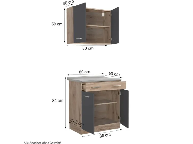 Homestyle4u Küchenzeile 80x207x60 in Grau 2361< Single-Küchen|Miniküchen