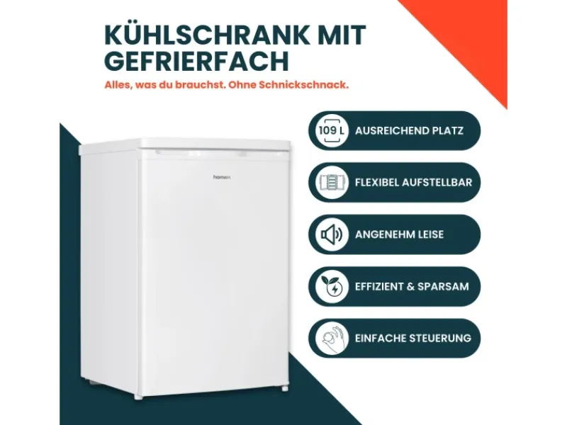 Discount homeX Kühlschrank mit Gefrierfach Klein Mini Kühl-Gefrierkombination 109 Liter Freistehend 4-Sterne Gefrieren Weiß
