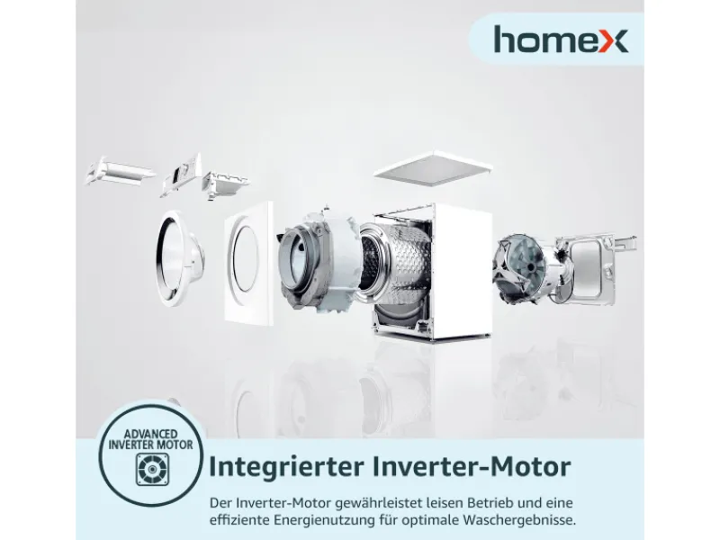 homeX Waschmaschine 7kg 1200 U/Min Inverter Motor AquaStop Schontrommel 15 Programme WF712B-W< Waschmaschinen