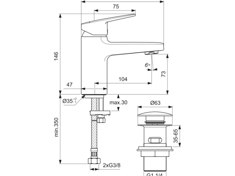 Ideal Standard Einhebelmischer<Waschtischarmatur Ceraplan Chrom mit PushOpen-Ventil H75