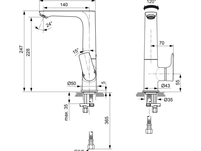 Ideal Standard WT-Armatur Connect Air mit hohem Auslauf o. Ablaufg. Silver Storm< Einhebelmischer