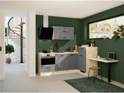 Impuls Küchen Einbauküche IKZ1350H9 225 x 241 cm Beton-Optik mit E-Geräten< Winkelküchen|Kühlschränke