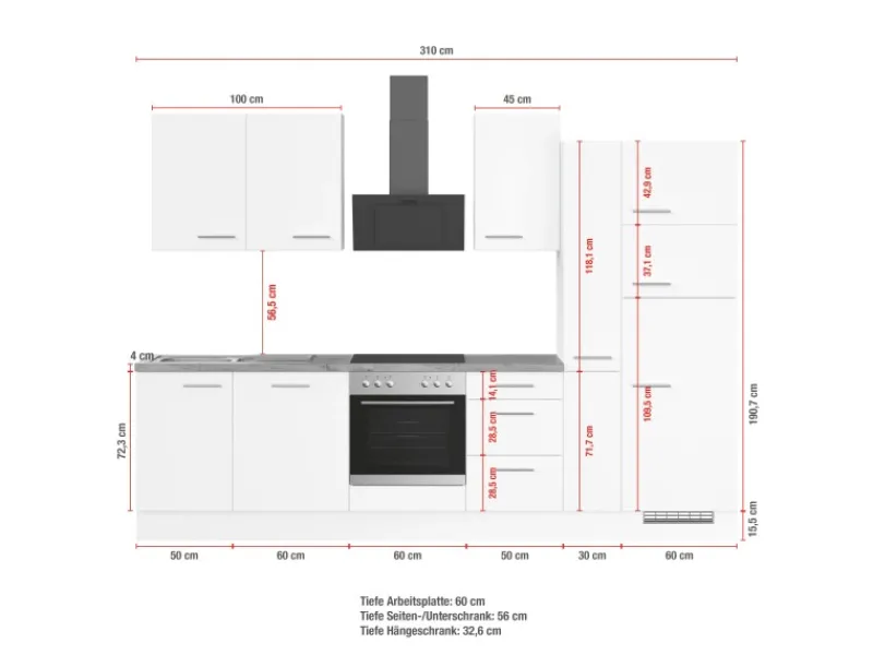 Hot Impuls Küchen Küchenzeile IBZ4310V9 310 cm -Optik natur ohne E-Geräte Beton