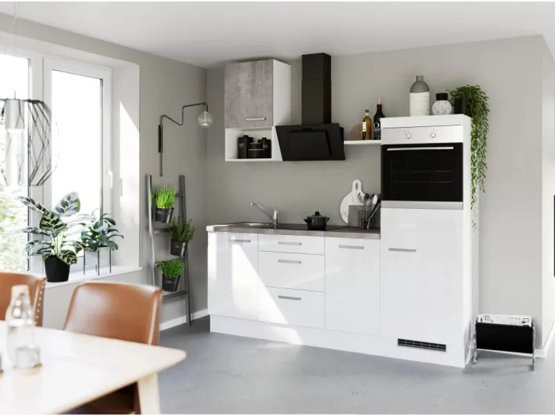 Discount Impuls Küchen Küchenzeile IKZ1215L4 215 cm Hochglanz mit E-Geräten Weiß