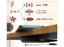 New kalb DualCharge 10W Drahtlos Ladegerät Mit 15W USB Ausgang Unterbau Bis 30 mm Unsichtbar Induktionsladegerät Mit Lüfter Netzteil 1200 mm Kabel