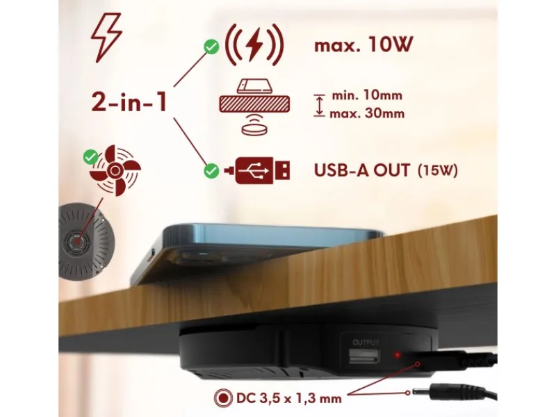 New kalb DualCharge 10W Drahtlos Ladegerät Mit 15W USB Ausgang Unterbau Bis 30 mm Unsichtbar Induktionsladegerät Mit Lüfter Netzteil 1200 mm Kabel
