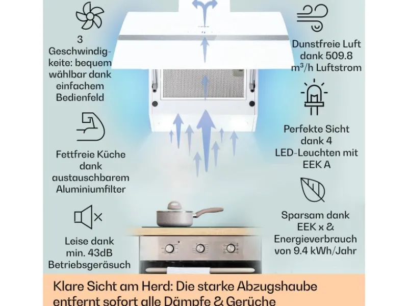 Klarstein Dunstabzugshauben-Filter|Einbauküchen<Clara 60 Dunstabzugshaube Glas 509 m³/h Touch Ambiente-Licht